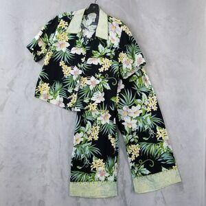 Vtg Faith Pant Set Women M/L Embellished Tropical Floral Wide Crop Resort Cruise